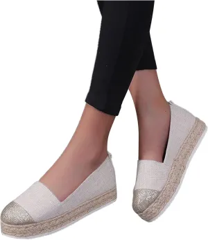 Hbeylia Platform Espadrilles for Women Breathable Cotton Linen Glitter Sequin Closed Toe Slip On Sneaker Shoes High Heel Dress Loafer Ballet Flat for Ladies (Beige, 8.5)