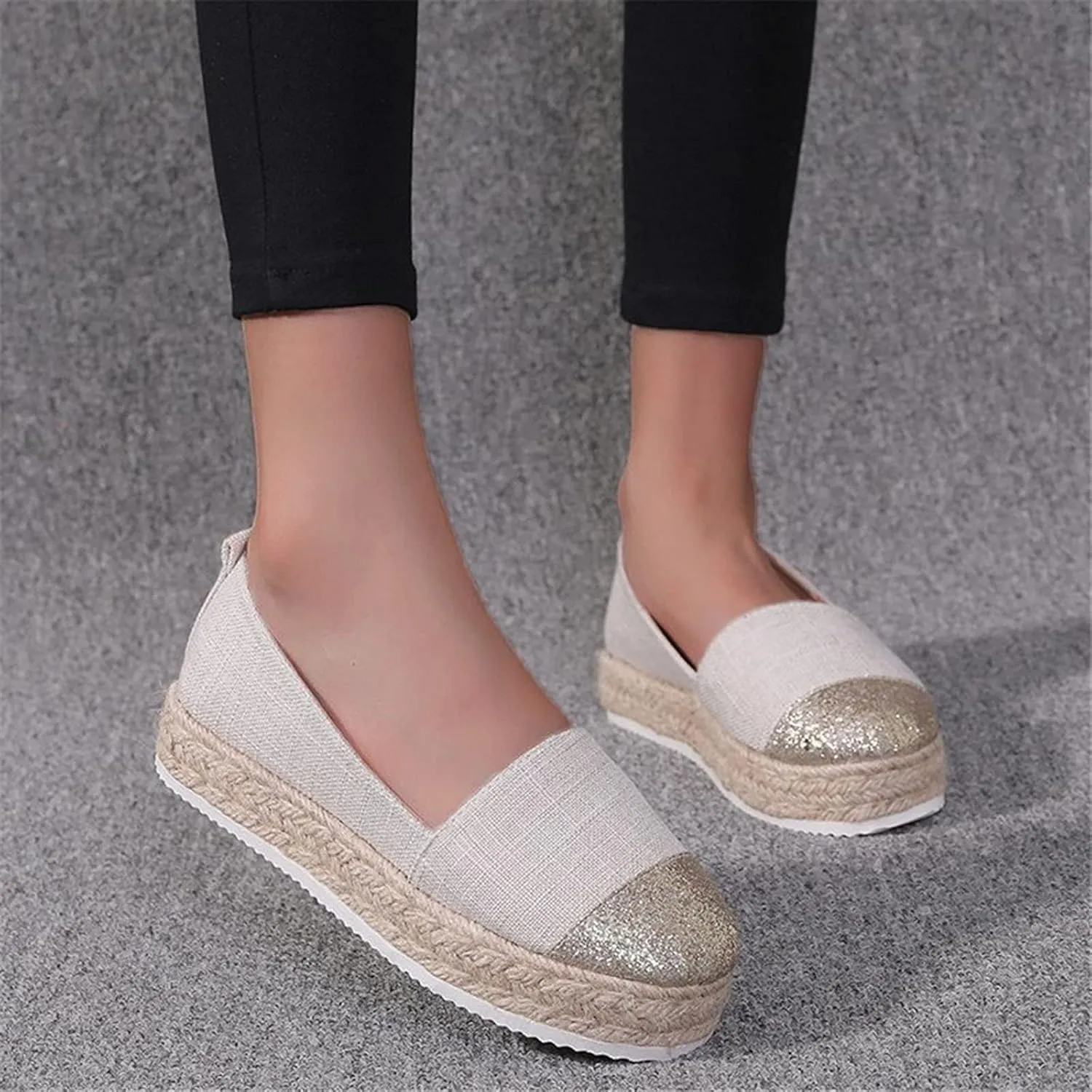 Hbeylia Platform Espadrilles for Women Breathable Cotton Linen Glitter Sequin Closed Toe Slip On Sneaker Shoes High Heel Dress Loafer Ballet Flat for Ladies (Beige, 8.5)