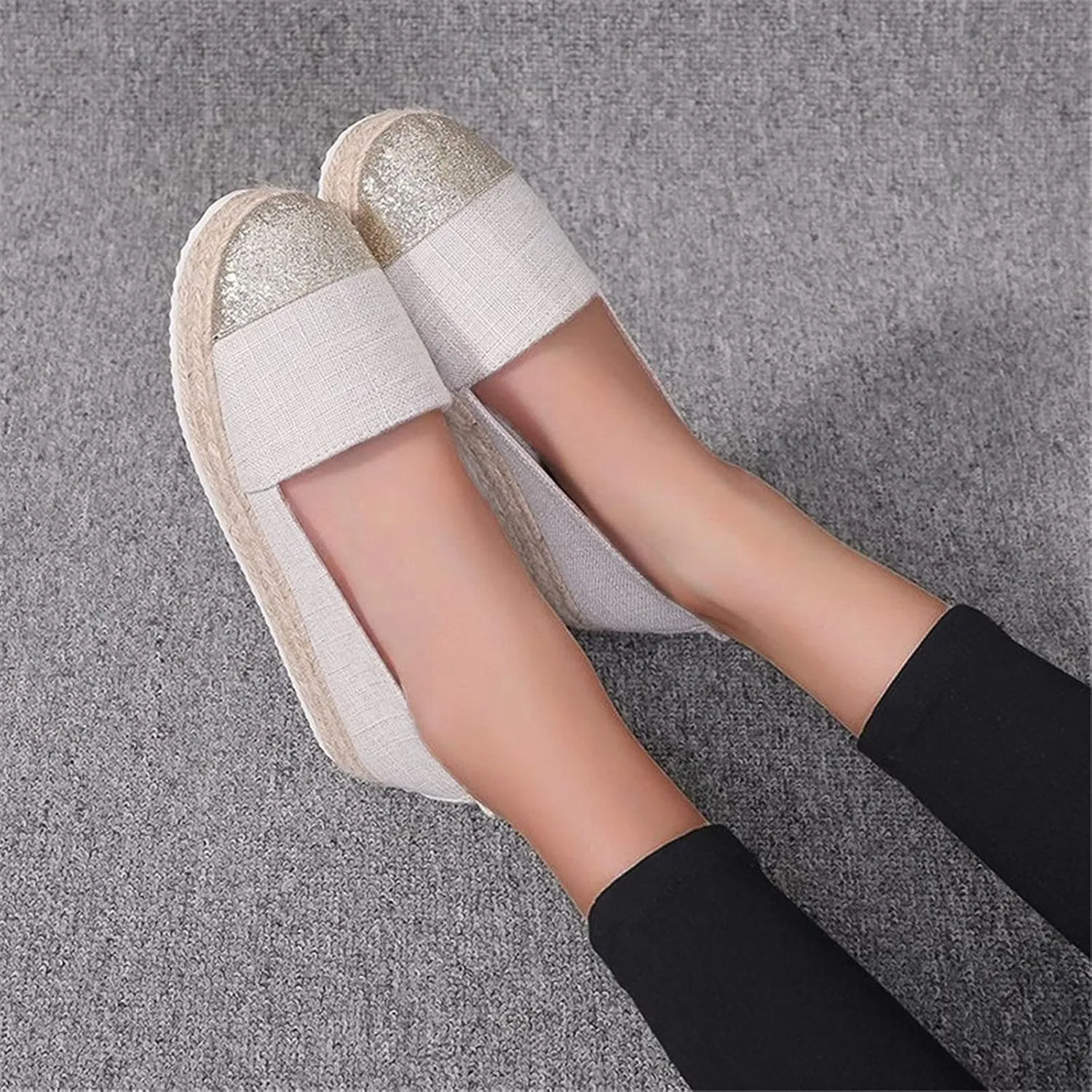 Hbeylia Platform Espadrilles for Women Breathable Cotton Linen Glitter Sequin Closed Toe Slip On Sneaker Shoes High Heel Dress Loafer Ballet Flat for Ladies (Beige, 8.5)