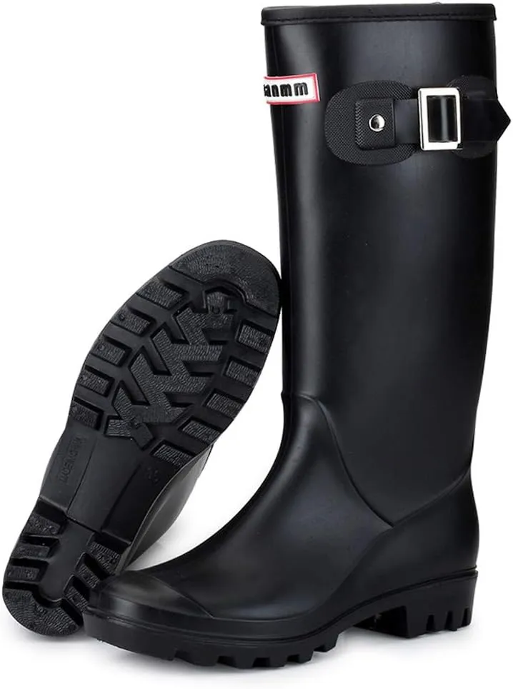 HHmei Women's Knee High Round Toe Buckle Slouched Waterproof Low Heel Boots
