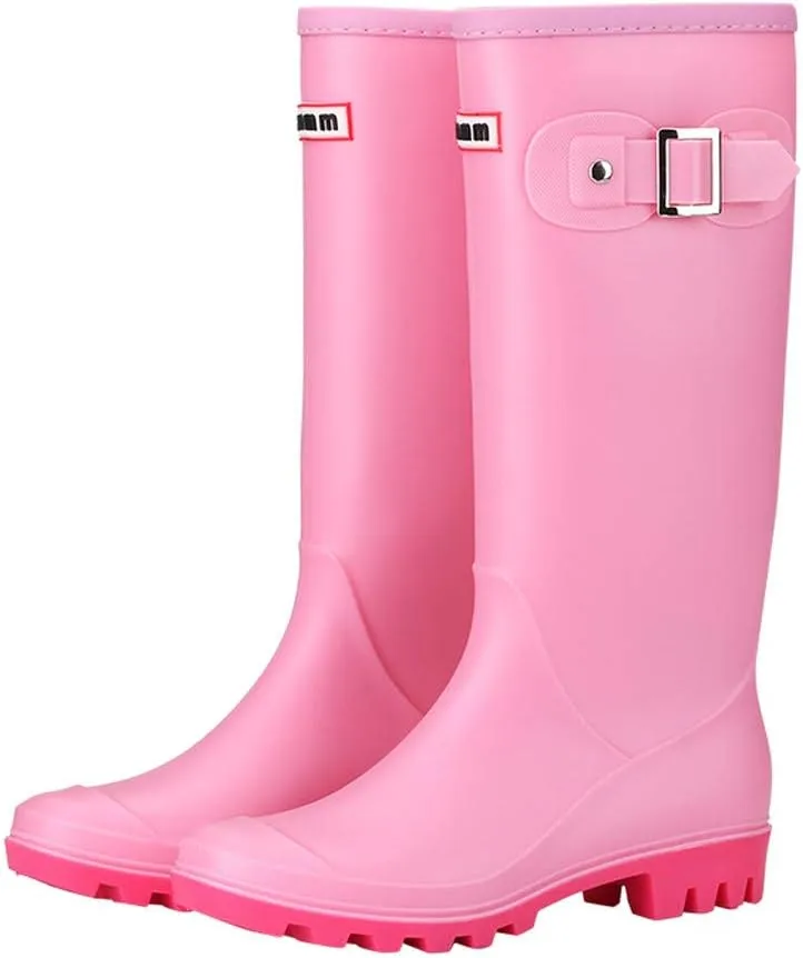 HHmei Women's Knee High Round Toe Buckle Slouched Waterproof Low Heel Boots