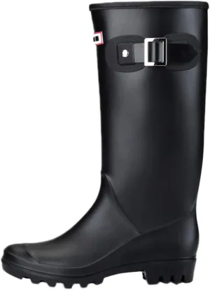 HHmei Women's Knee High Round Toe Buckle Slouched Waterproof Low Heel Boots