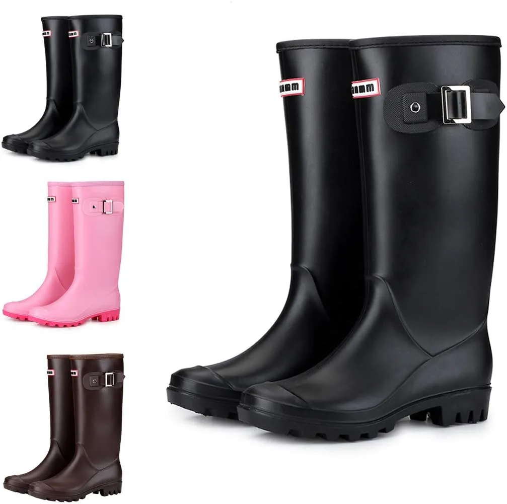 HHmei Women's Knee High Round Toe Buckle Slouched Waterproof Low Heel Boots