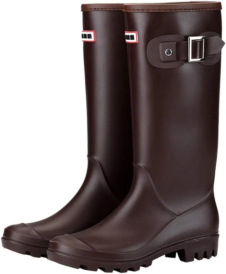 HHmei Women's Knee High Round Toe Buckle Slouched Waterproof Low Heel Boots