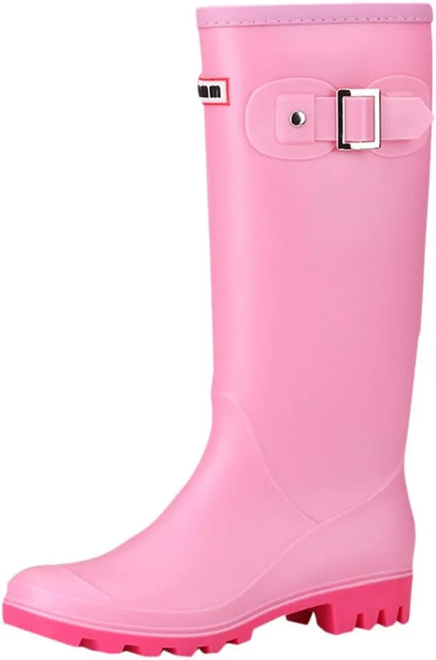 HHmei Women's Knee High Round Toe Buckle Slouched Waterproof Low Heel Boots