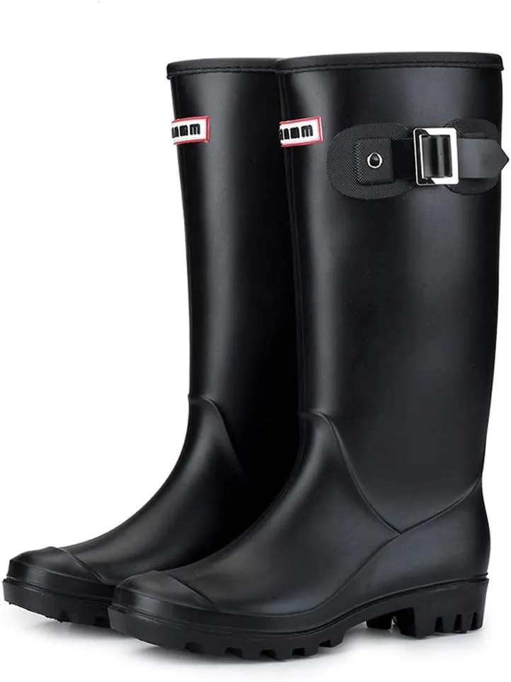HHmei Women's Knee High Round Toe Buckle Slouched Waterproof Low Heel Boots