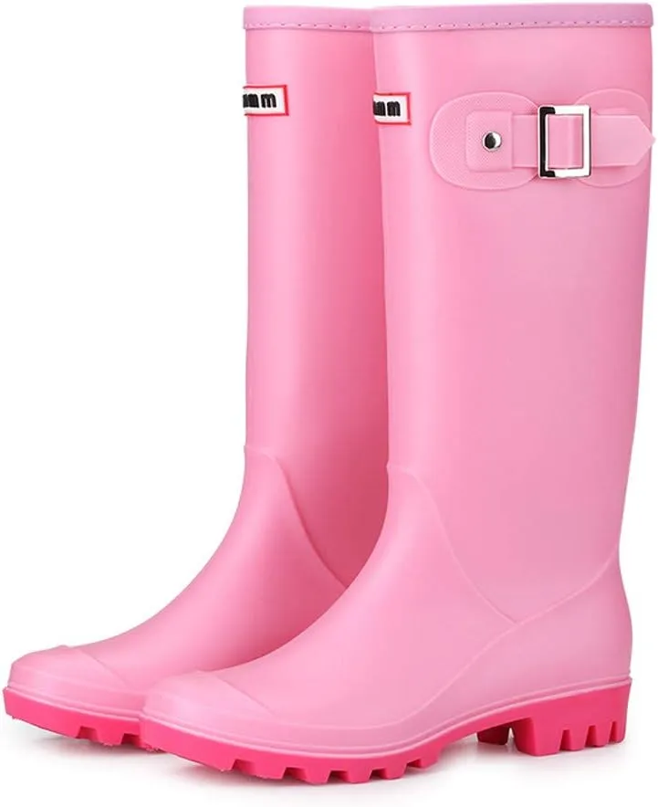 HHmei Women's Knee High Round Toe Buckle Slouched Waterproof Low Heel Boots