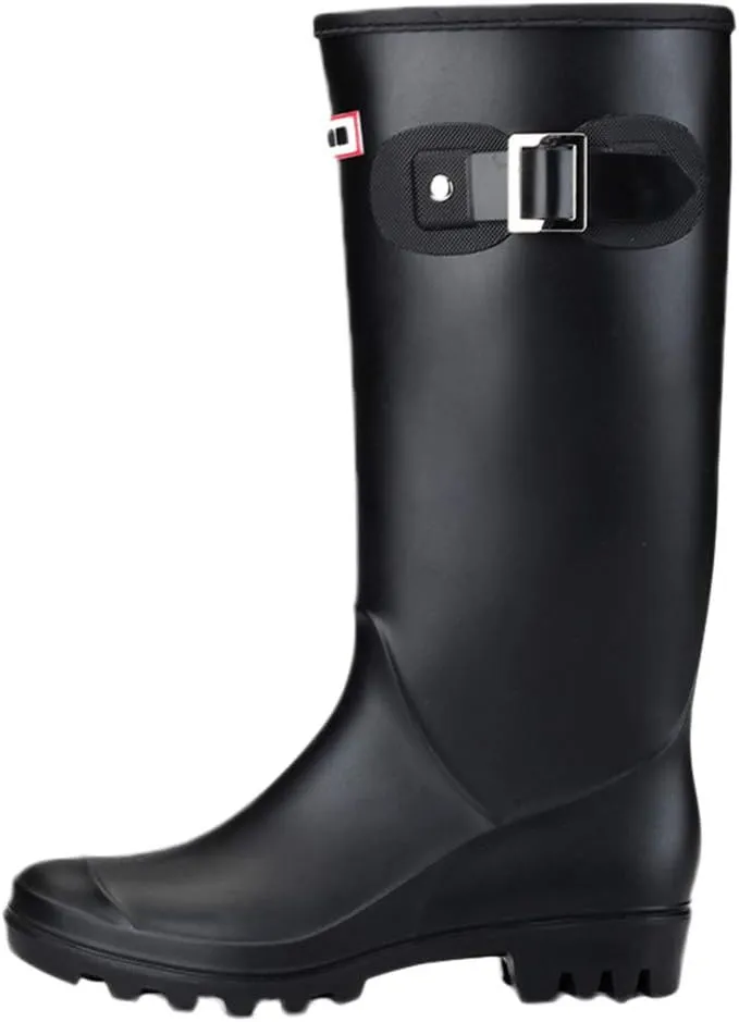 HHmei Women's Knee High Round Toe Buckle Slouched Waterproof Low Heel Boots