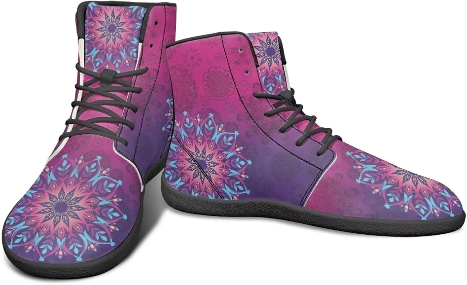 Howilath Boho Mandala Print High Top Sneakers Wide Barefoot Shoes Men Casual Minimalist Shoes with Zero Drop Sole