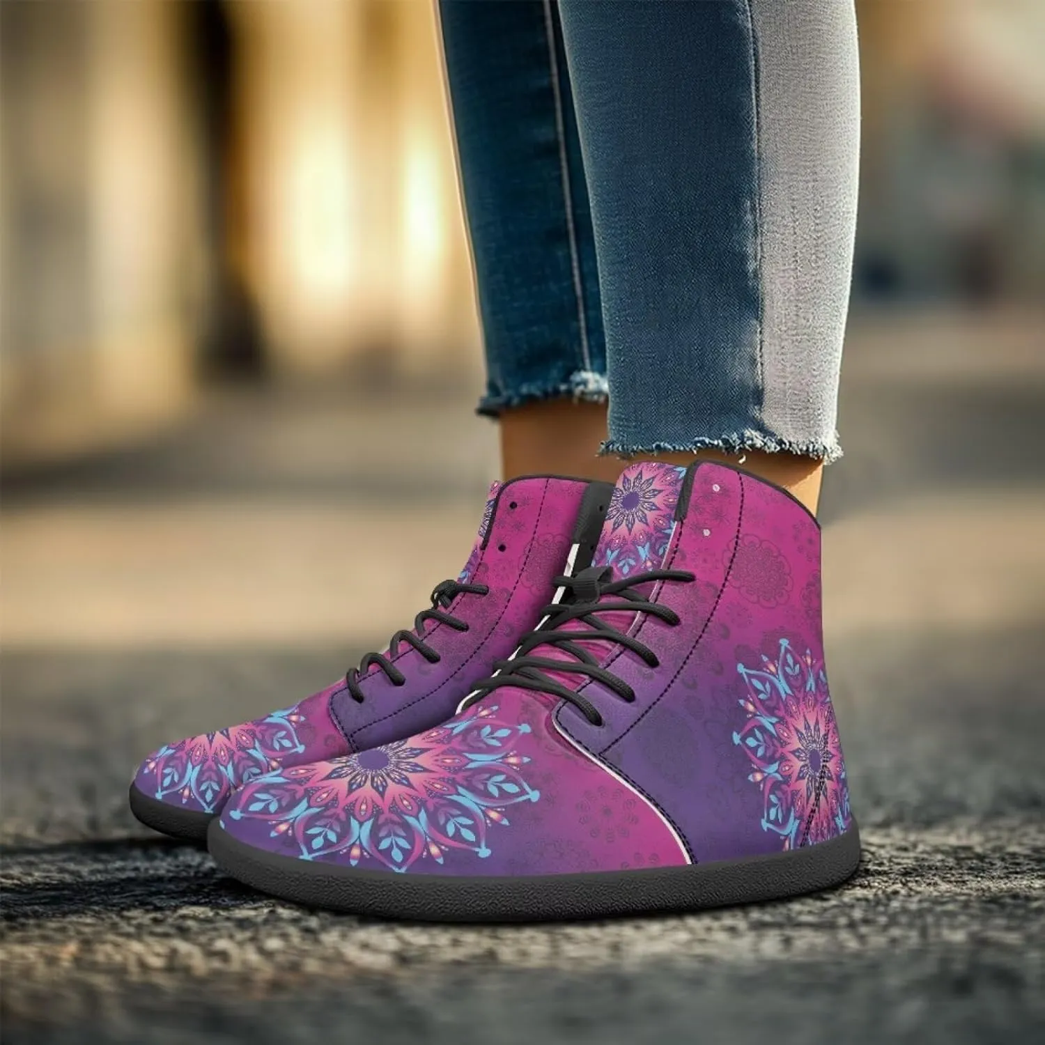Howilath Boho Mandala Print High Top Sneakers Wide Barefoot Shoes Men Casual Minimalist Shoes with Zero Drop Sole