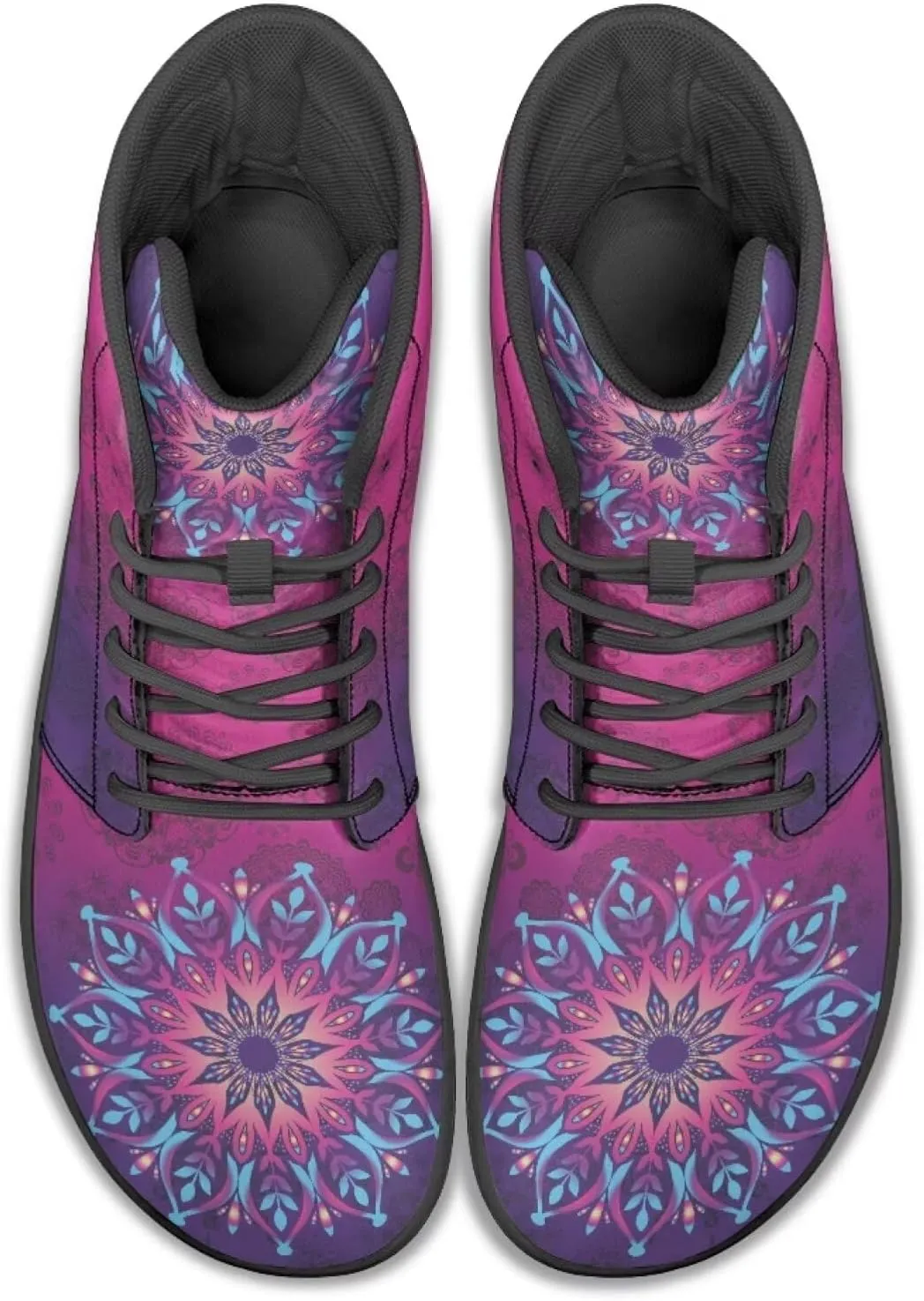 Howilath Boho Mandala Print High Top Sneakers Wide Barefoot Shoes Men Casual Minimalist Shoes with Zero Drop Sole