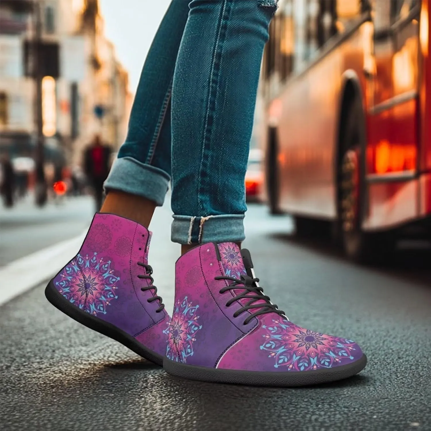 Howilath Boho Mandala Print High Top Sneakers Wide Barefoot Shoes Men Casual Minimalist Shoes with Zero Drop Sole