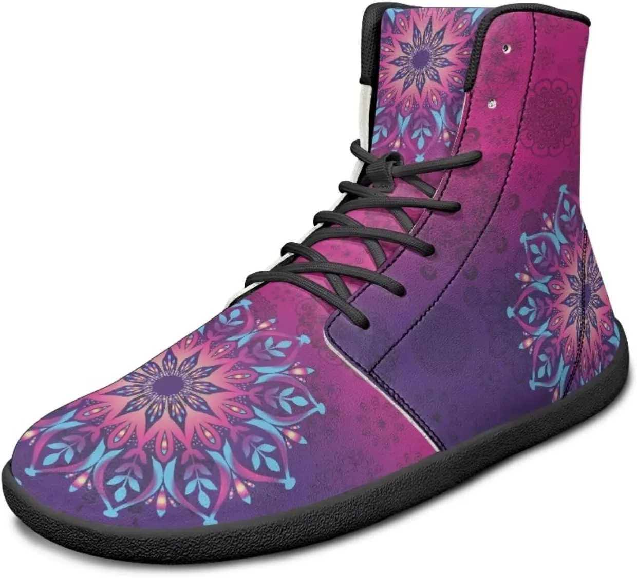 Howilath Boho Mandala Print High Top Sneakers Wide Barefoot Shoes Men Casual Minimalist Shoes with Zero Drop Sole
