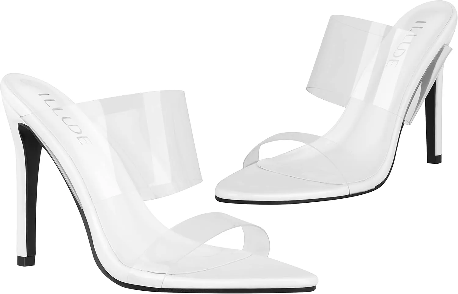 ILLUDE Women’s Clear Pointed Toe Sandals Stiletto Heels Transparent Strap High Heels Slip on Mules