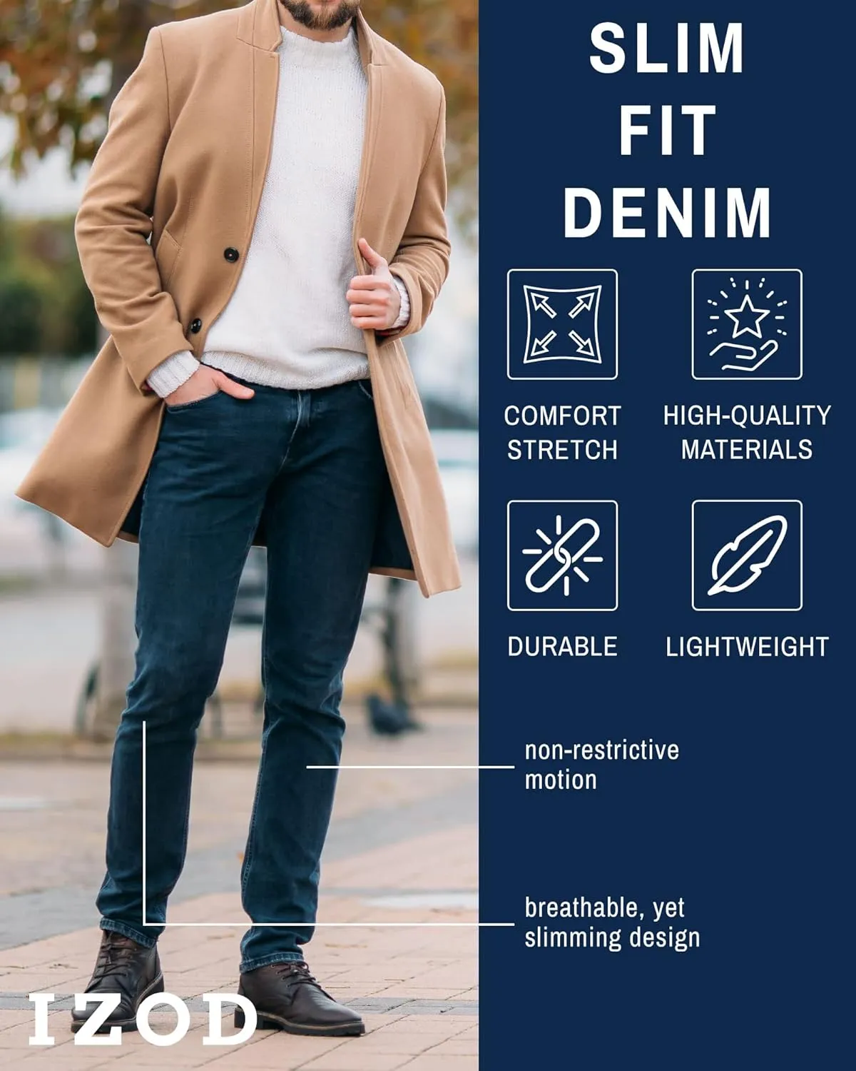 IZOD Men's Slim Fit Jeans - Breathable Cotton Non-Restrictive Comfort Durable Stretch Jeans - Stylish Denim Jeans for Men