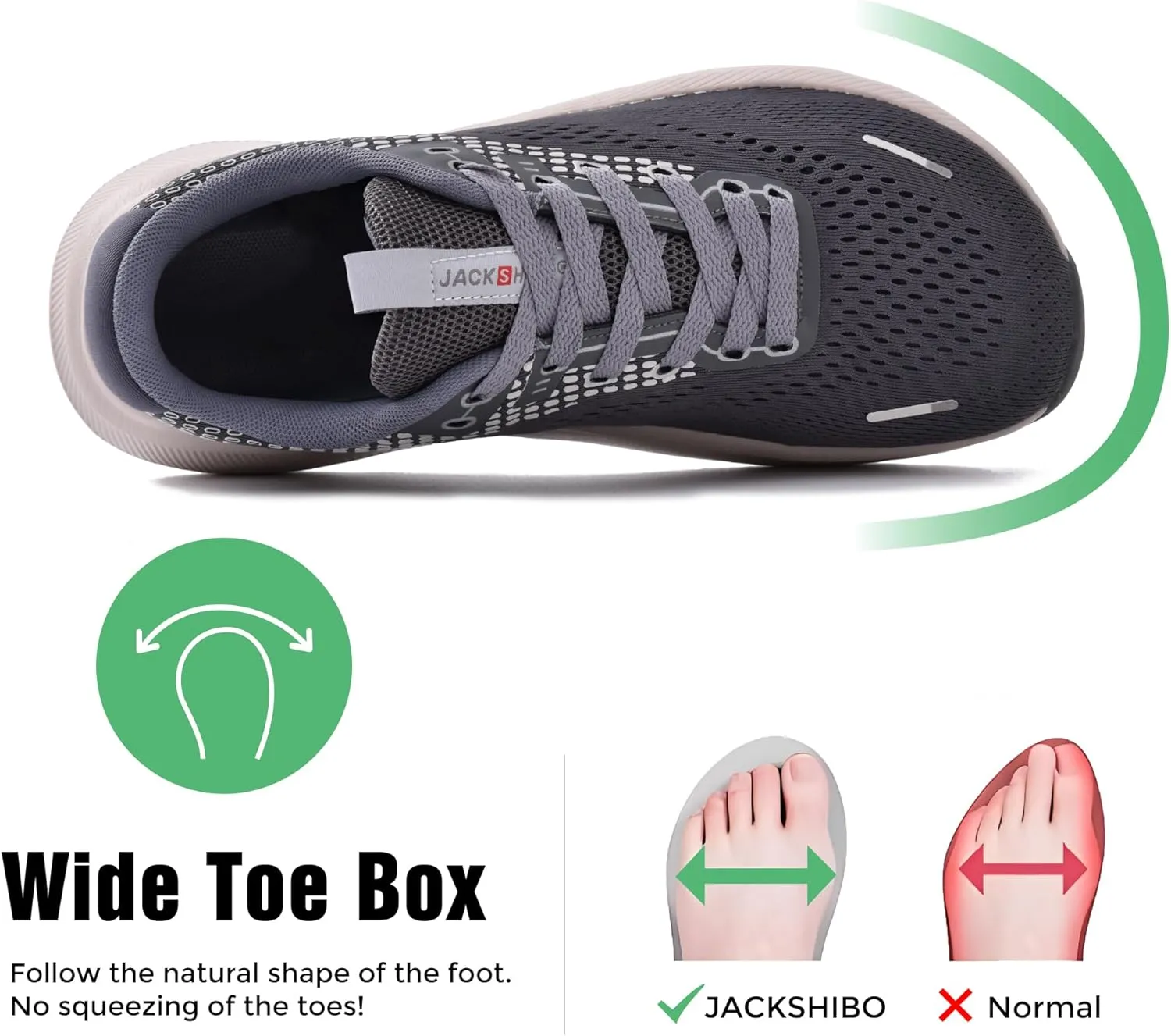JACKSHIBO Wide Toe Box Shoes for Men Arch Support Shoes Wide Width Running Walking Athletic Tennis Sneakers Workout Flux Footwear with Thick Cushioned Zero Drop Sole Size 9.5 Men Grey