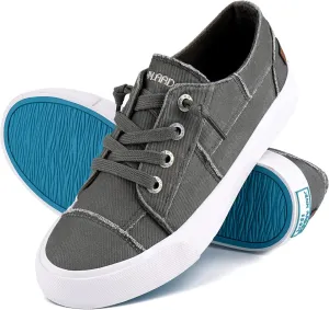 JENN ARDOR Fashion Slip-On Sneakers for Women - Classic Low Top Canvas Shoes, No-tie Adjustable Lace Up Flats, Summer Breathable Comfortable Casual Walking Sneakers - A-Grey