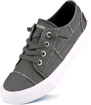 JENN ARDOR Fashion Slip On Sneakers for Women Classic Low Top Canvas Shoes No-tie Adjustable Lace Up Flats Women Summer Shoes Breathable Comfortable Casual Sneakers for Women Walking A-Grey