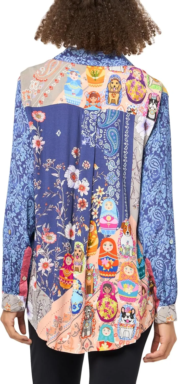 john mark Women's Mix Print Button Front Top with Roll Tab Sleeves