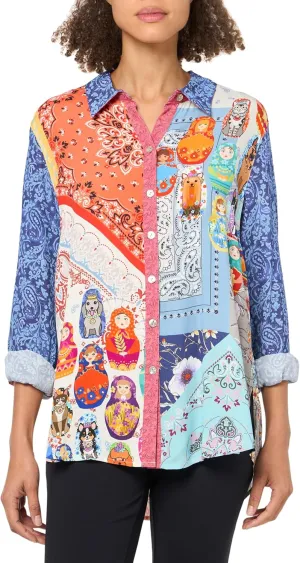 john mark Women's Mix Print Button Front Top with Roll Tab Sleeves