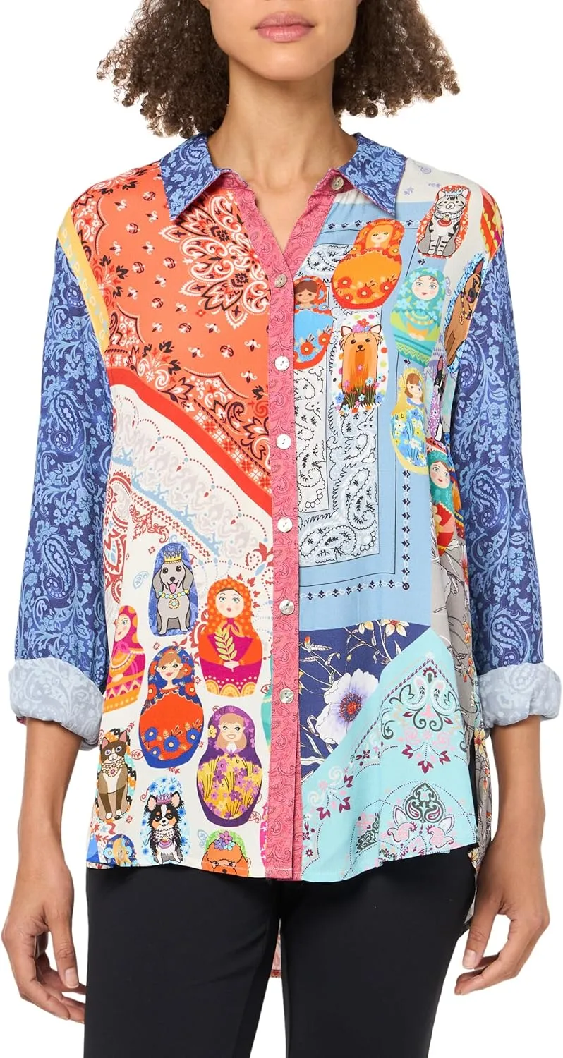 john mark Women's Mix Print Button Front Top with Roll Tab Sleeves