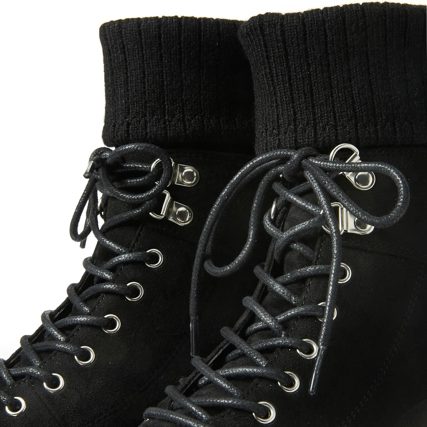 JustFab Camber Lace-Up Chunky Heeled Combat Sweater Trim Boots - Black