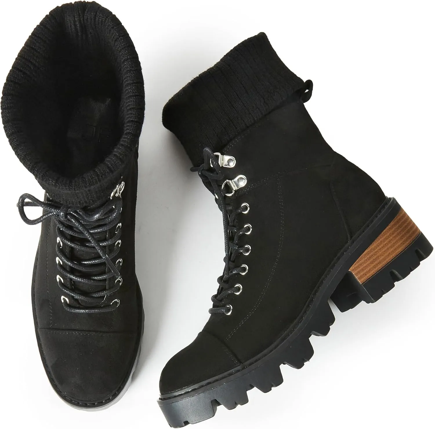 JustFab Camber Lace-Up Chunky Heeled Combat Sweater Trim Boots - Black