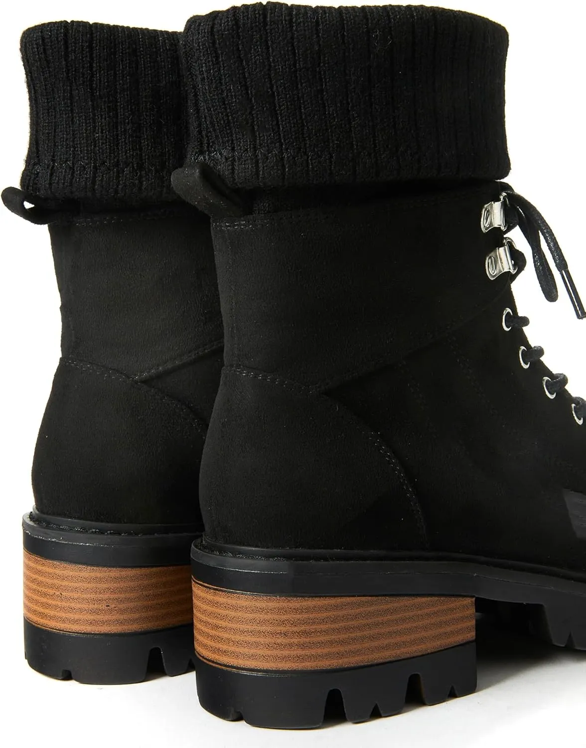 JustFab Camber Lace-Up Chunky Heeled Combat Sweater Trim Boots - Black