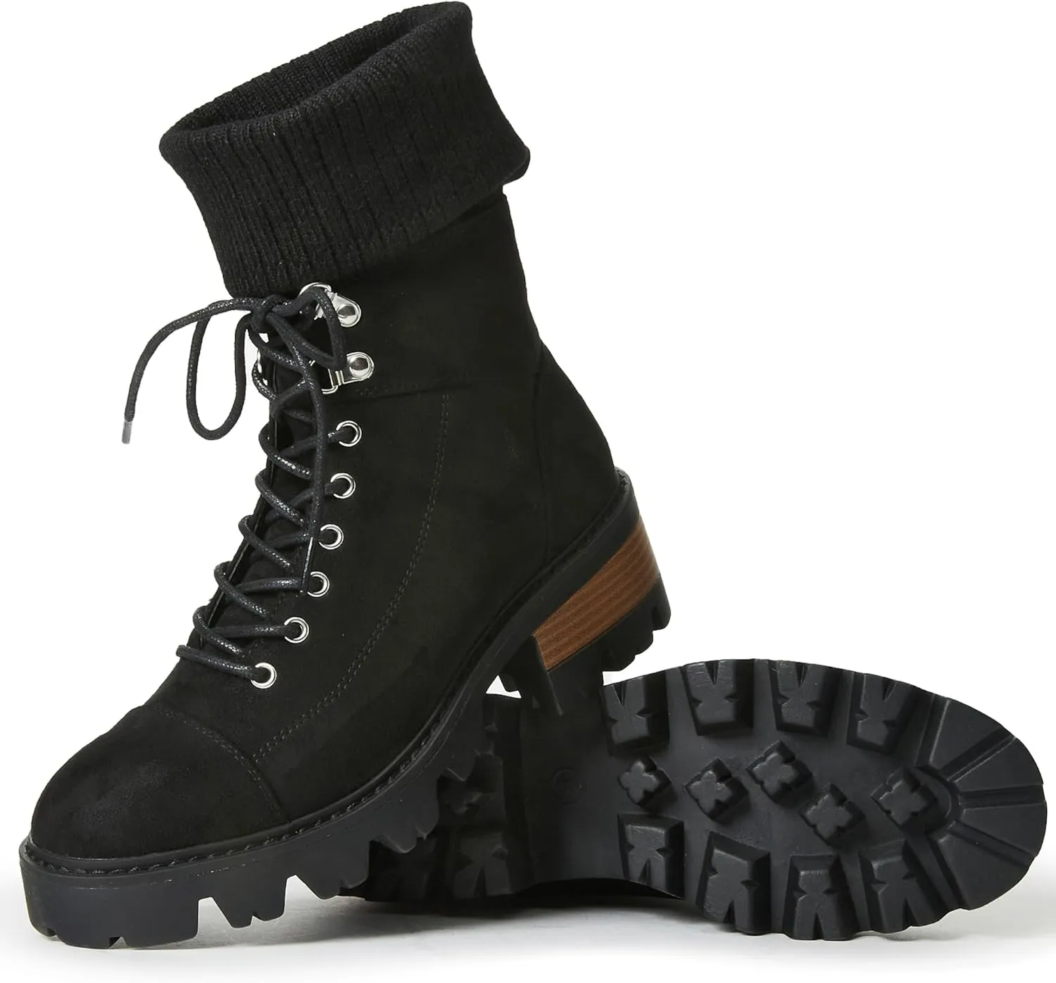 JustFab Camber Lace-Up Chunky Heeled Combat Sweater Trim Boots - Black