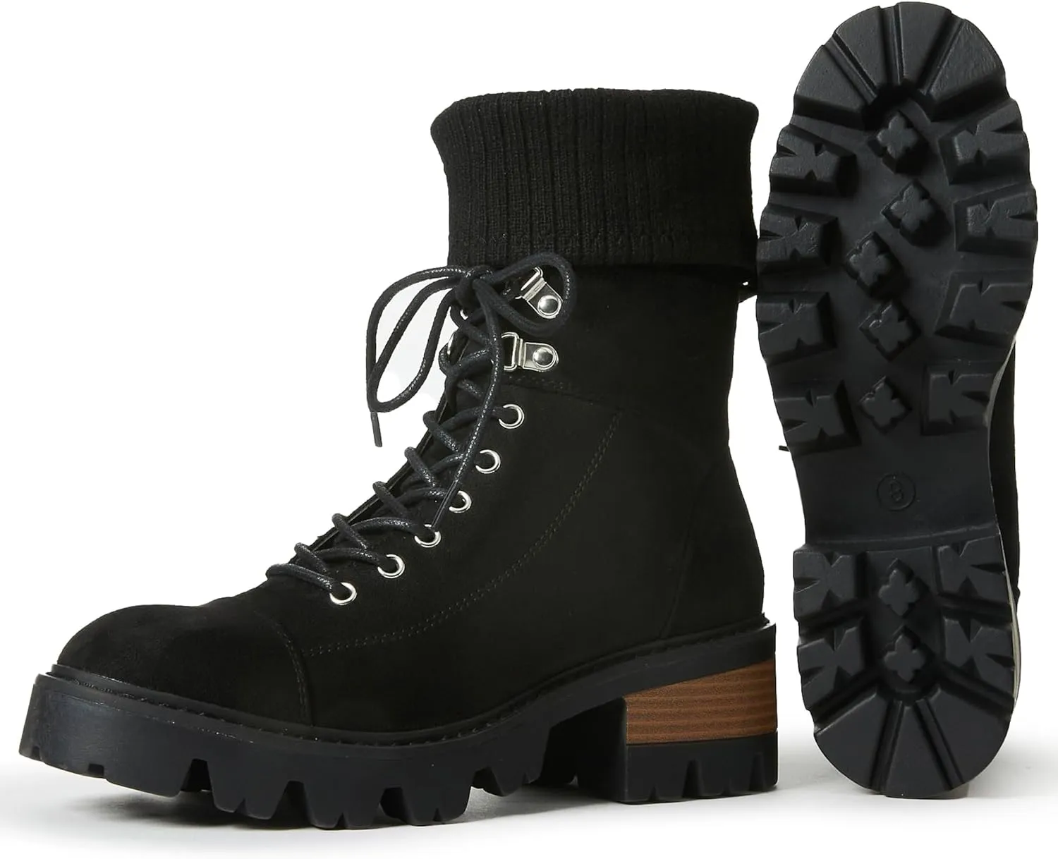 JustFab Camber Lace-Up Chunky Heeled Combat Sweater Trim Boots - Black