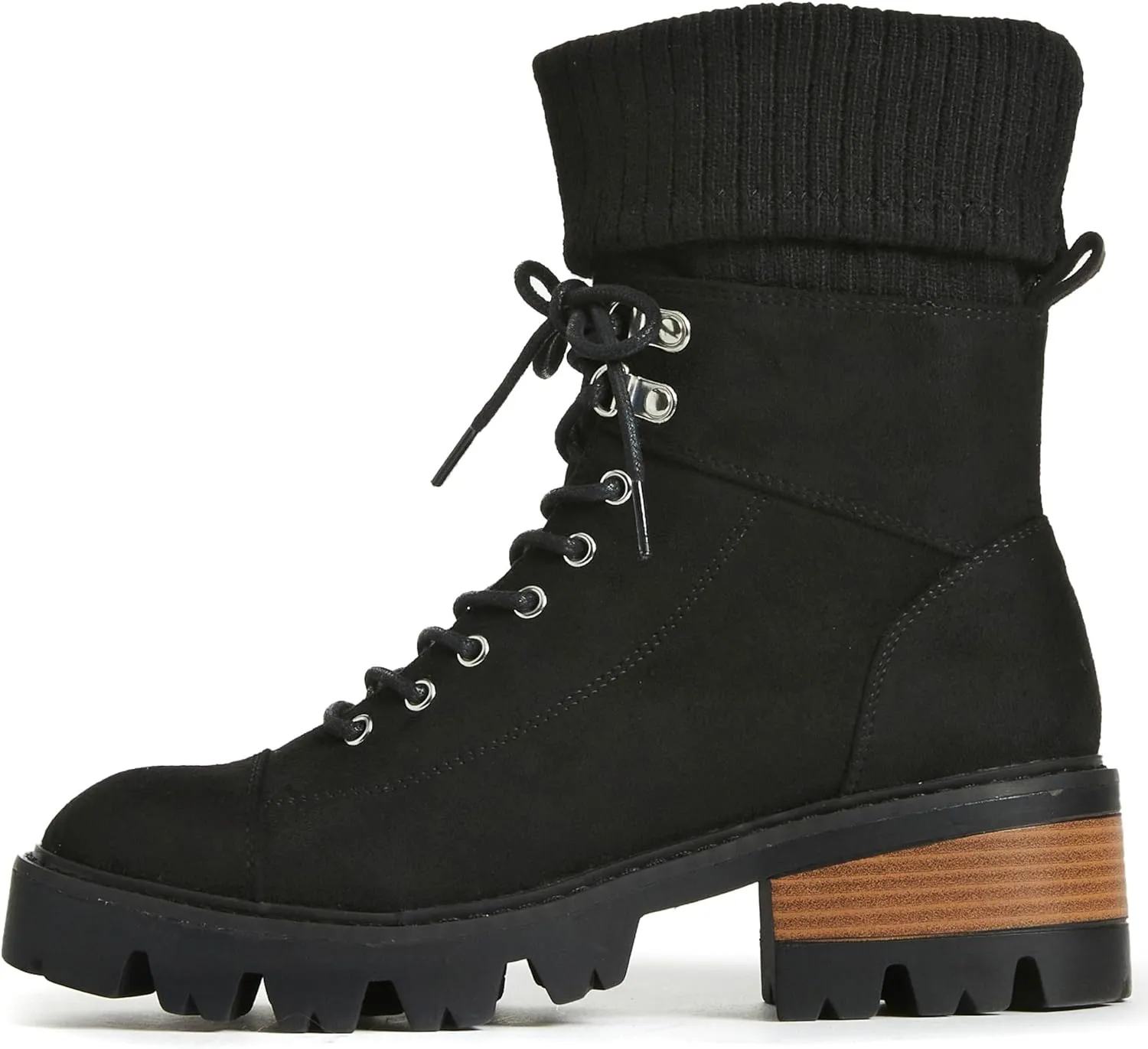 JustFab Camber Lace-Up Chunky Heeled Combat Sweater Trim Boots - Black