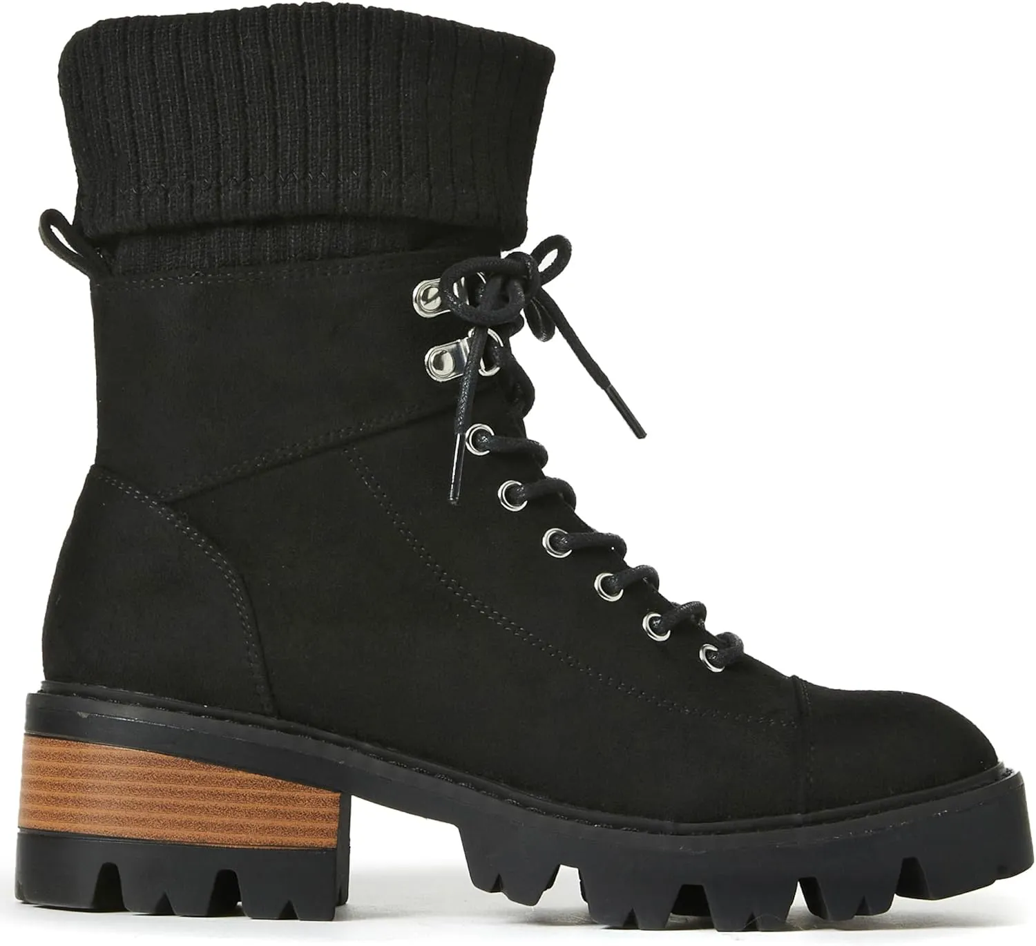 JustFab Camber Lace-Up Chunky Heeled Combat Sweater Trim Boots - Black