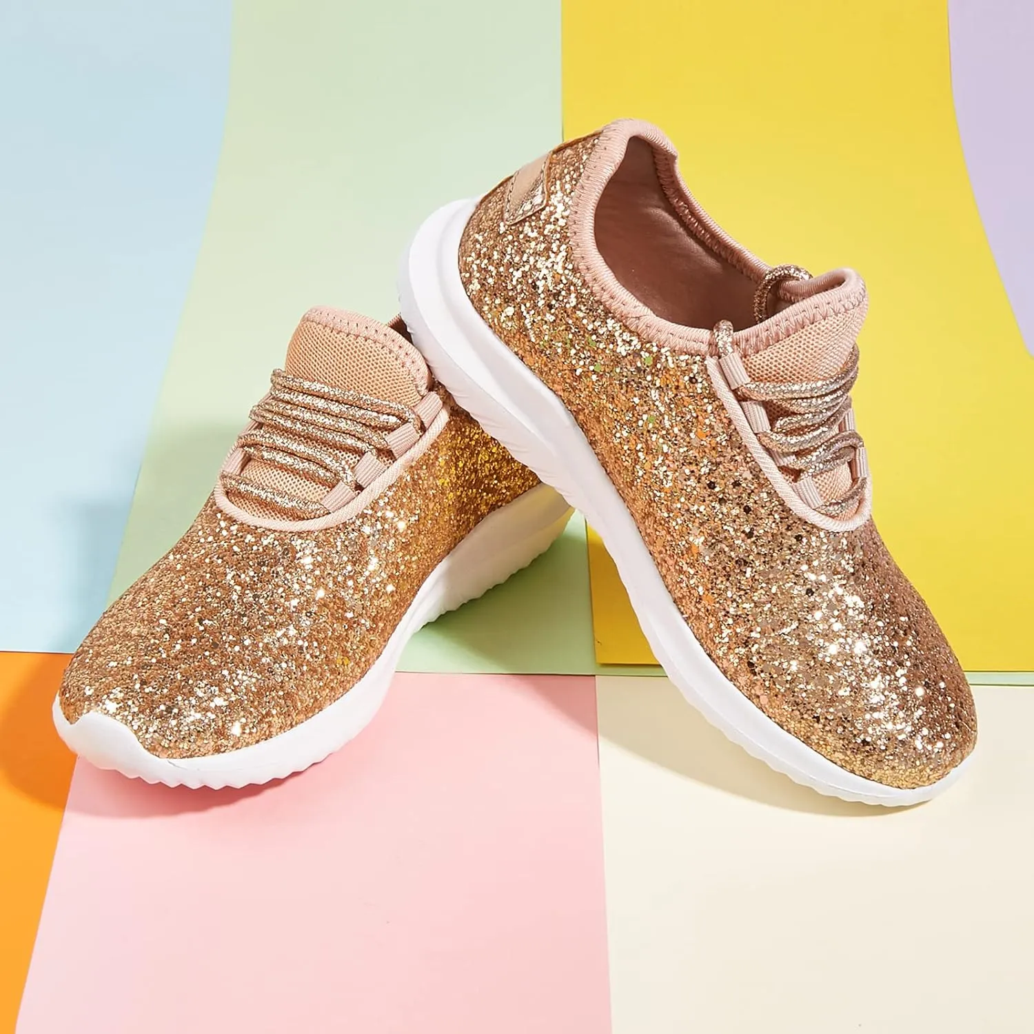 K KIP WOK Girls Glitter Sneakers Sparkle Slip On Walking Shoes for Kids/Children Breathable Running Sneakers