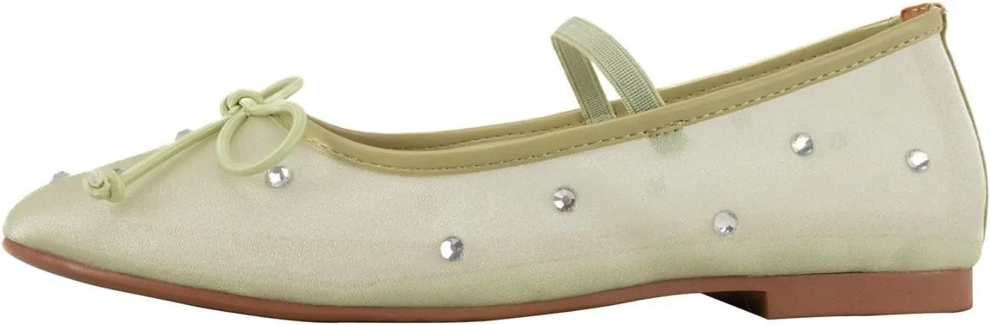 KaroNairy Nude Crystal Mesh Ballet Flats for Women Stretch Band Snip Toe Ballerinas Flats Gem Mary Jane Sparkly Flats
