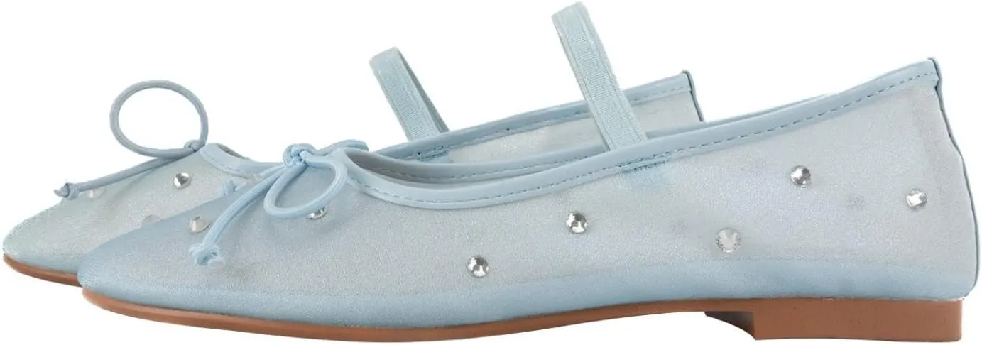 KaroNairy Nude Crystal Mesh Ballet Flats for Women Stretch Band Snip Toe Ballerinas Flats Gem Mary Jane Sparkly Flats