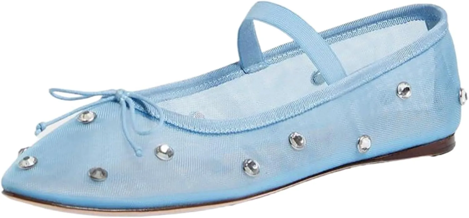 KaroNairy Nude Crystal Mesh Ballet Flats for Women Stretch Band Snip Toe Ballerinas Flats Gem Mary Jane Sparkly Flats