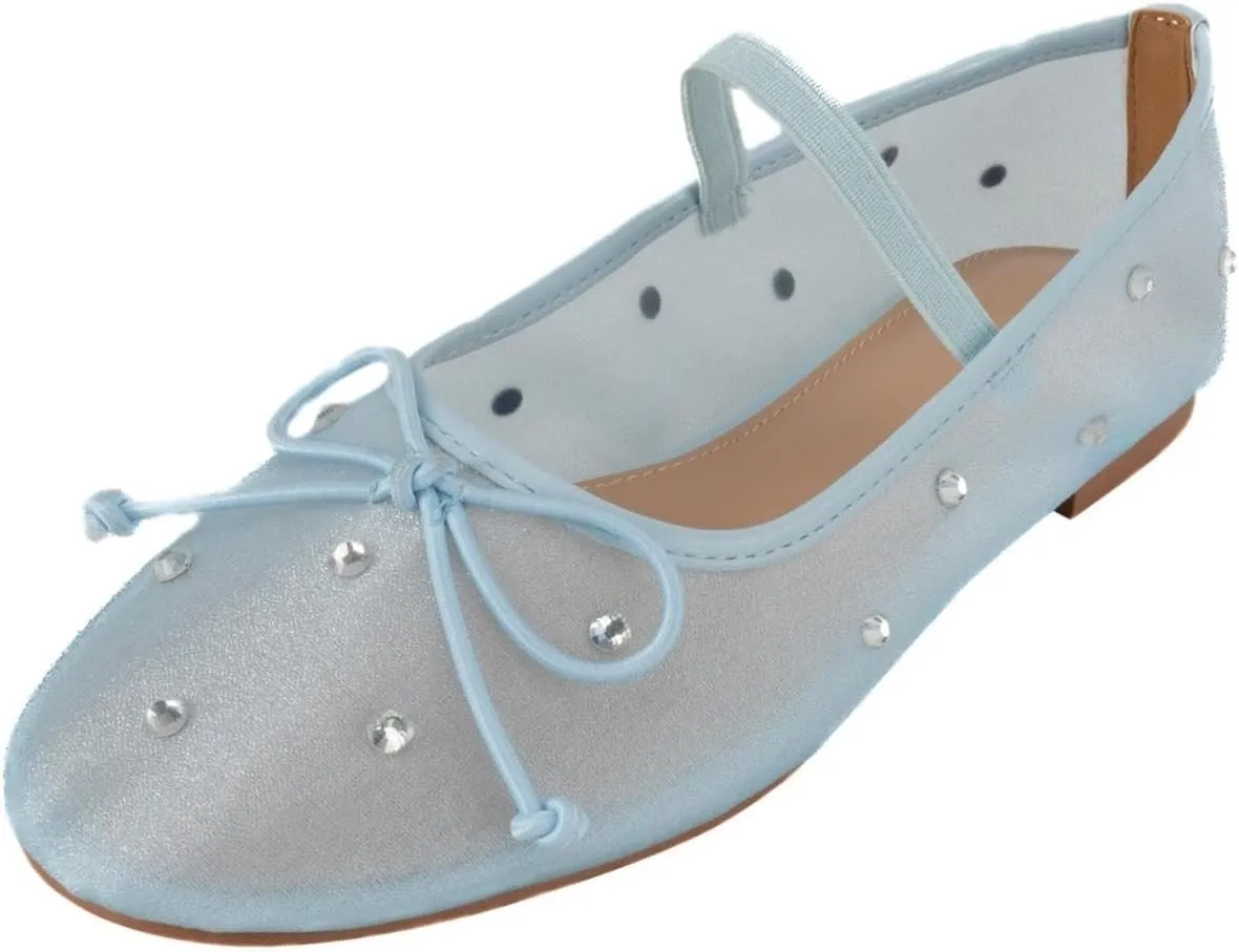 KaroNairy Nude Crystal Mesh Ballet Flats for Women Stretch Band Snip Toe Ballerinas Flats Gem Mary Jane Sparkly Flats