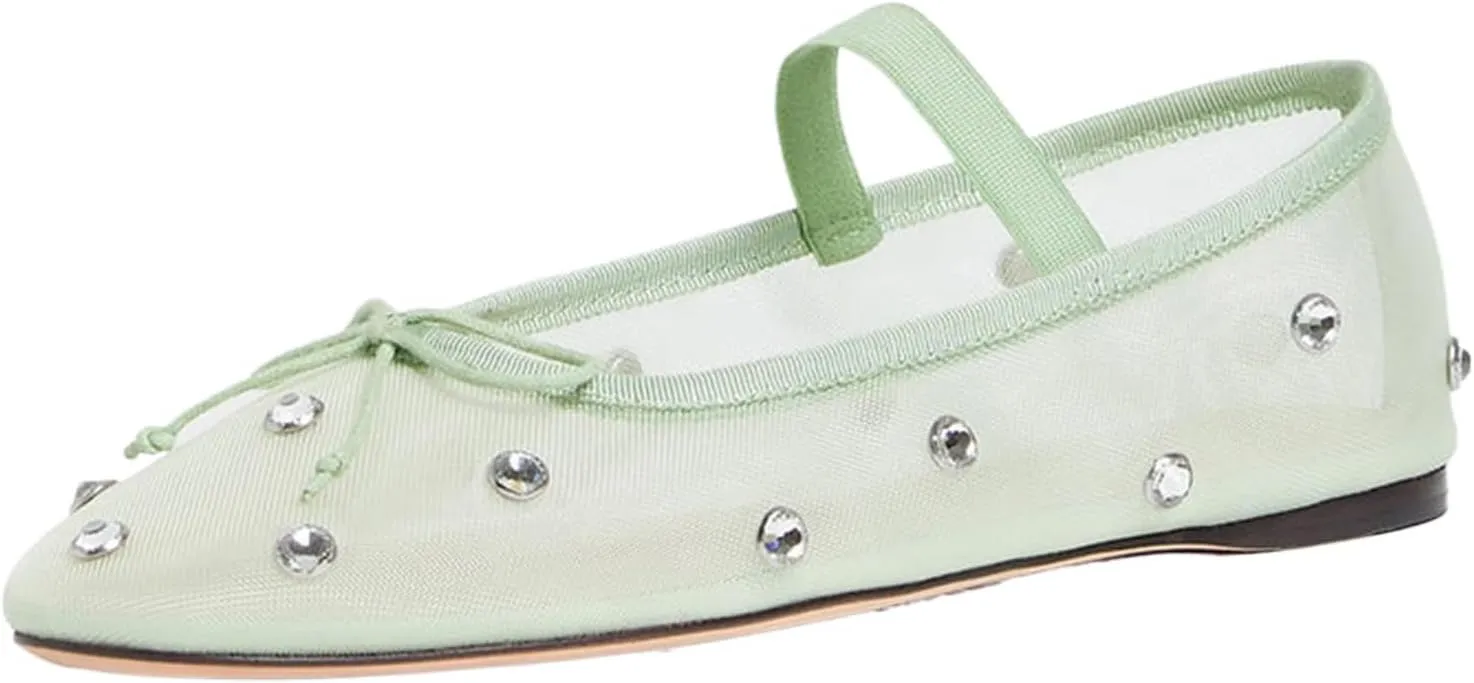 KaroNairy Nude Crystal Mesh Ballet Flats for Women Stretch Band Snip Toe Ballerinas Flats Gem Mary Jane Sparkly Flats