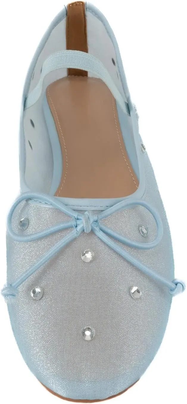 KaroNairy Nude Crystal Mesh Ballet Flats for Women Stretch Band Snip Toe Ballerinas Flats Gem Mary Jane Sparkly Flats