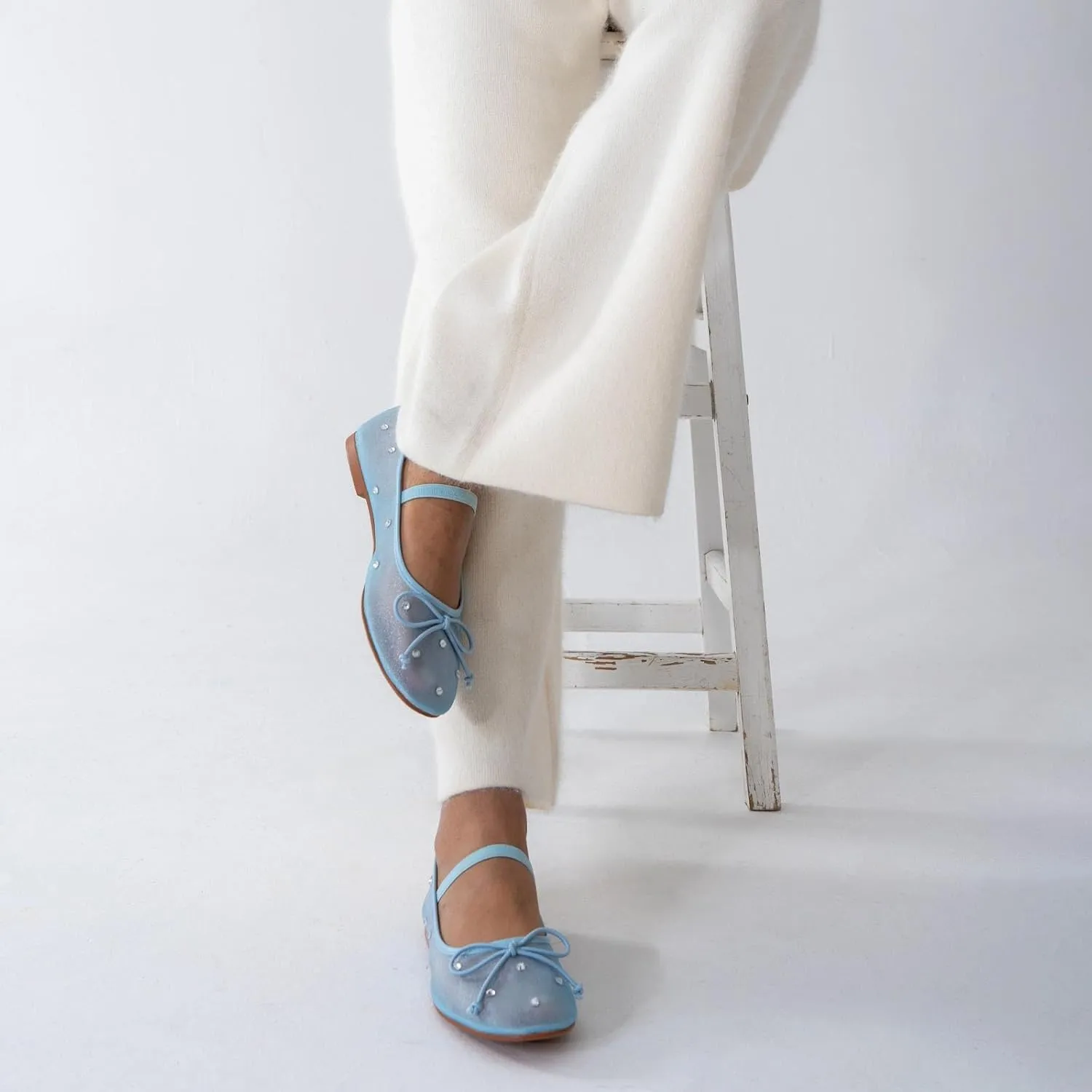KaroNairy Nude Crystal Mesh Ballet Flats for Women Stretch Band Snip Toe Ballerinas Flats Gem Mary Jane Sparkly Flats