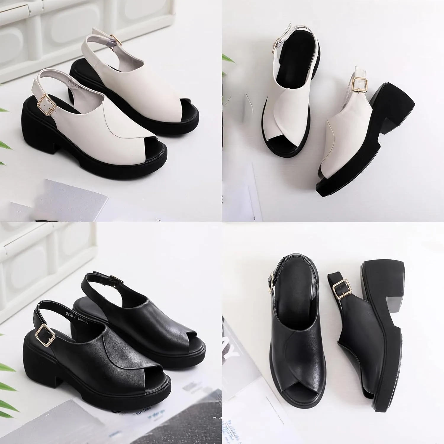 KCTRFSJ Women's Leather Fish Mouth Chunky Wedge Sandals with Adjustable Ankle Strap,Open Toe Middle Block Heel Comfortable Gladiator Dress Platform Sandal