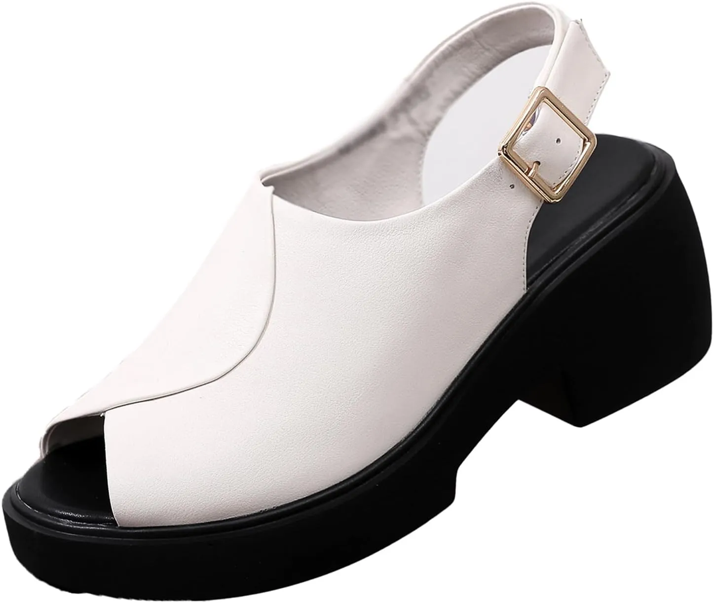 KCTRFSJ Women's Leather Fish Mouth Chunky Wedge Sandals with Adjustable Ankle Strap,Open Toe Middle Block Heel Comfortable Gladiator Dress Platform Sandal