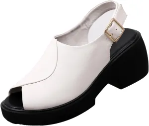 KCTRFSJ Women's Leather Fish Mouth Chunky Wedge Sandals with Adjustable Ankle Strap,Open Toe Middle Block Heel Comfortable Gladiator Dress Platform Sandal