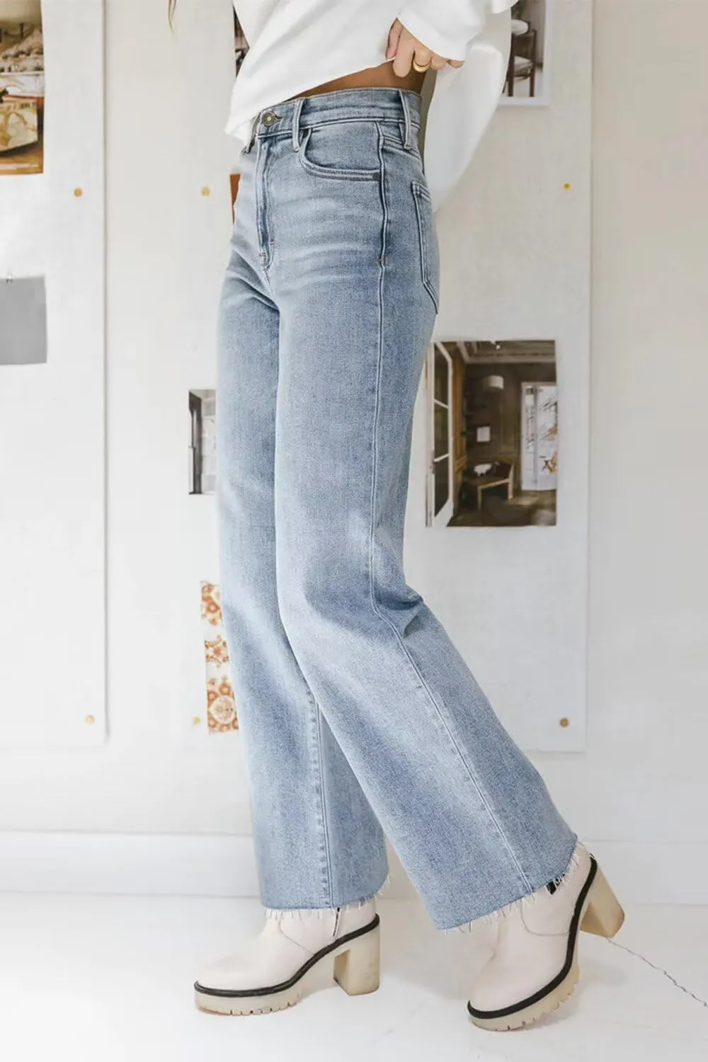 KDF Straight Leg Jeans for Women High Waisted Jeans Frayed Baggy Pants Raw Hem Loose Stretchy Cropped Wide Leg Jeans