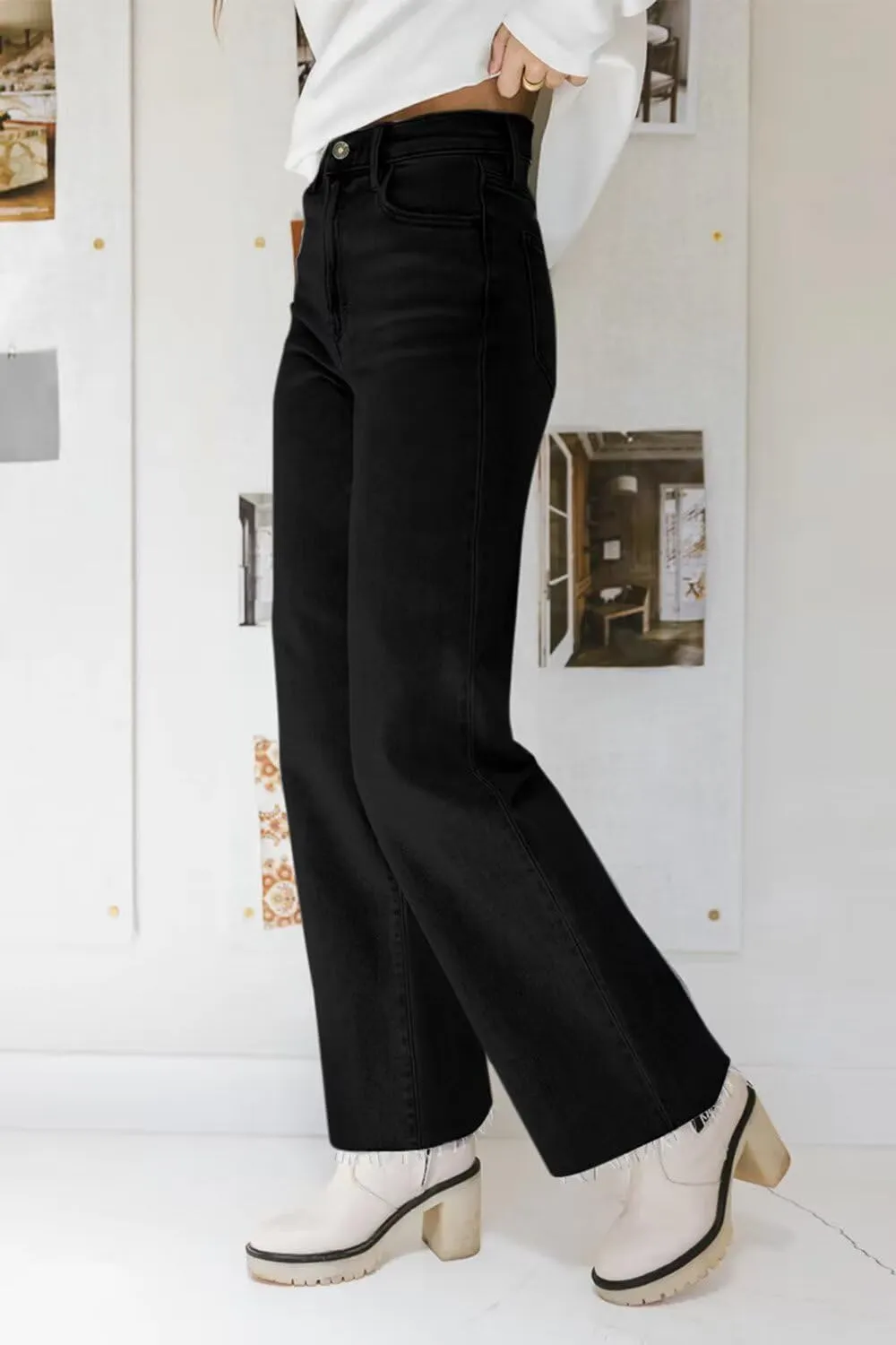 KDF Straight Leg Jeans for Women High Waisted Jeans Frayed Baggy Pants Raw Hem Loose Stretchy Cropped Wide Leg Jeans