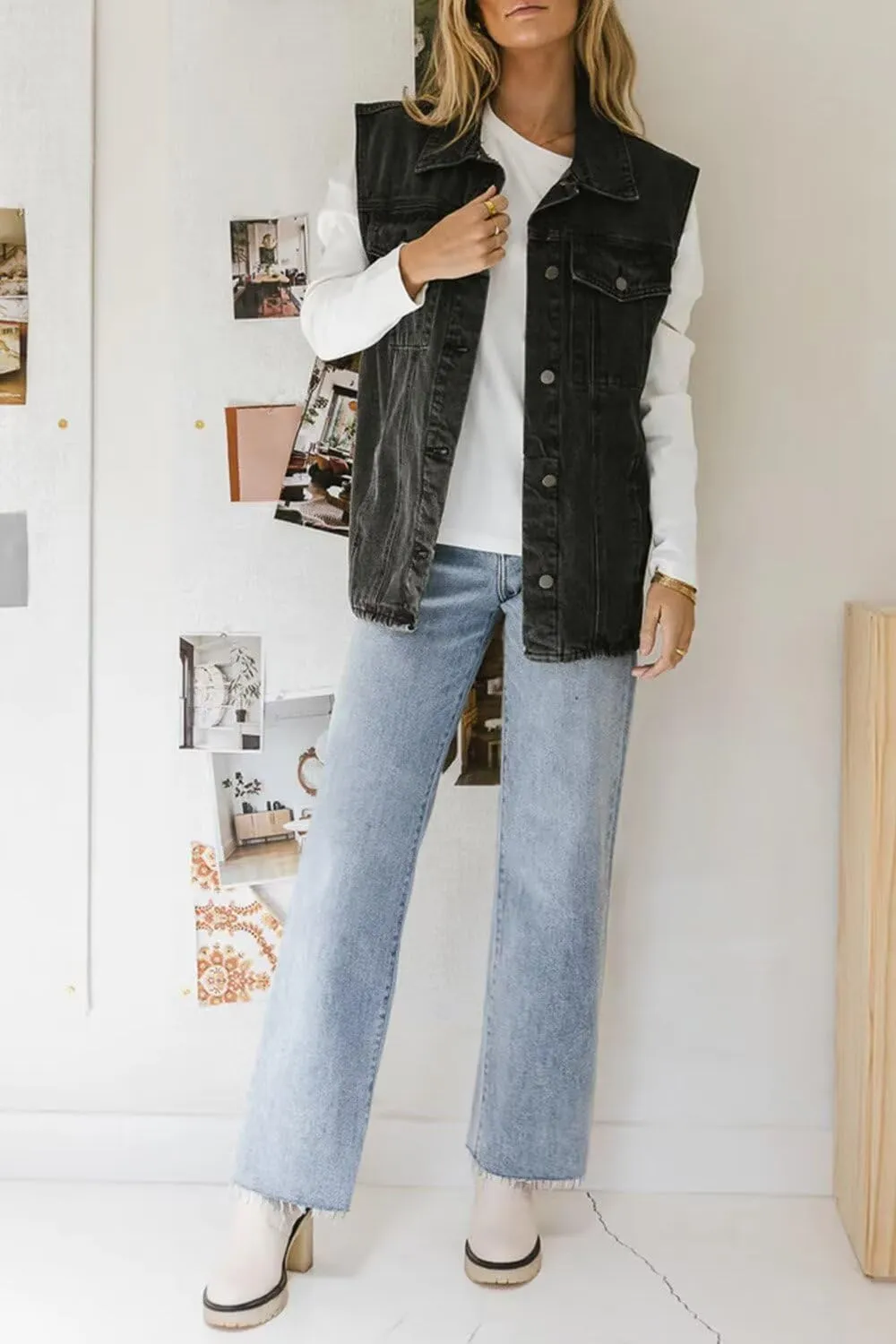 KDF Straight Leg Jeans for Women High Waisted Jeans Frayed Baggy Pants Raw Hem Loose Stretchy Cropped Wide Leg Jeans