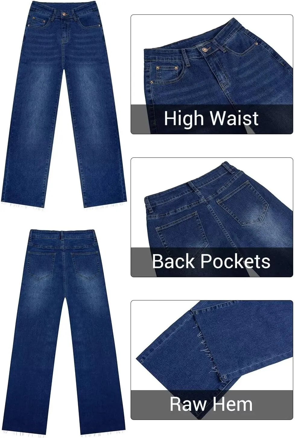 KDF Straight Leg Jeans for Women High Waisted Jeans Frayed Baggy Pants Raw Hem Loose Stretchy Cropped Wide Leg Jeans