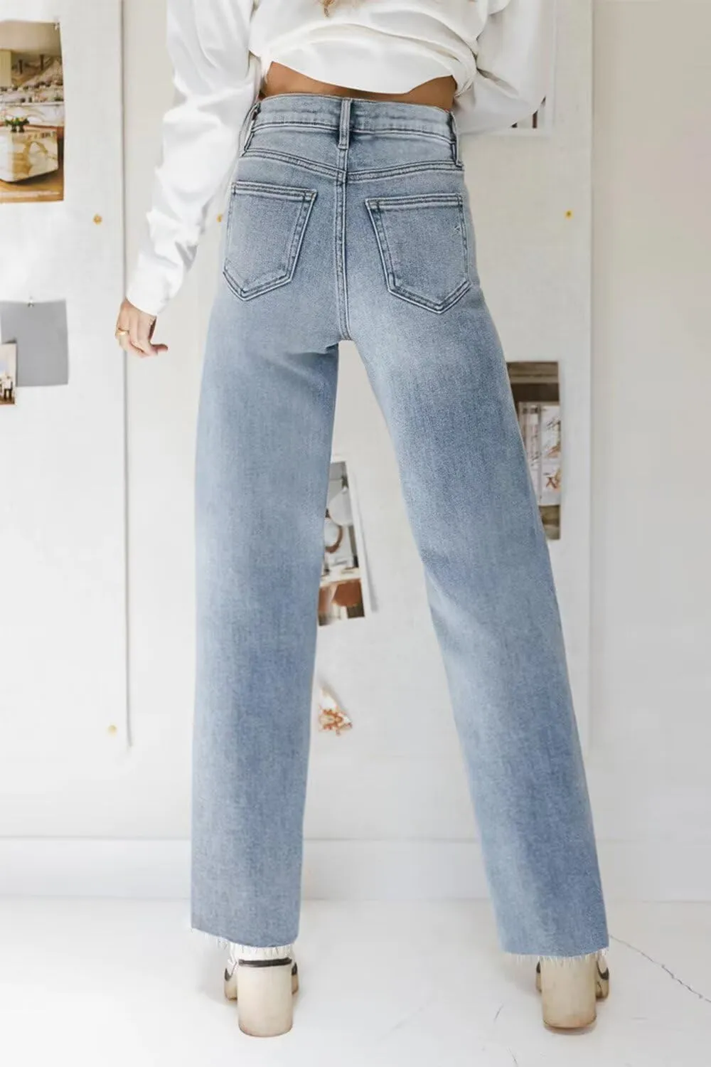 KDF Straight Leg Jeans for Women High Waisted Jeans Frayed Baggy Pants Raw Hem Loose Stretchy Cropped Wide Leg Jeans