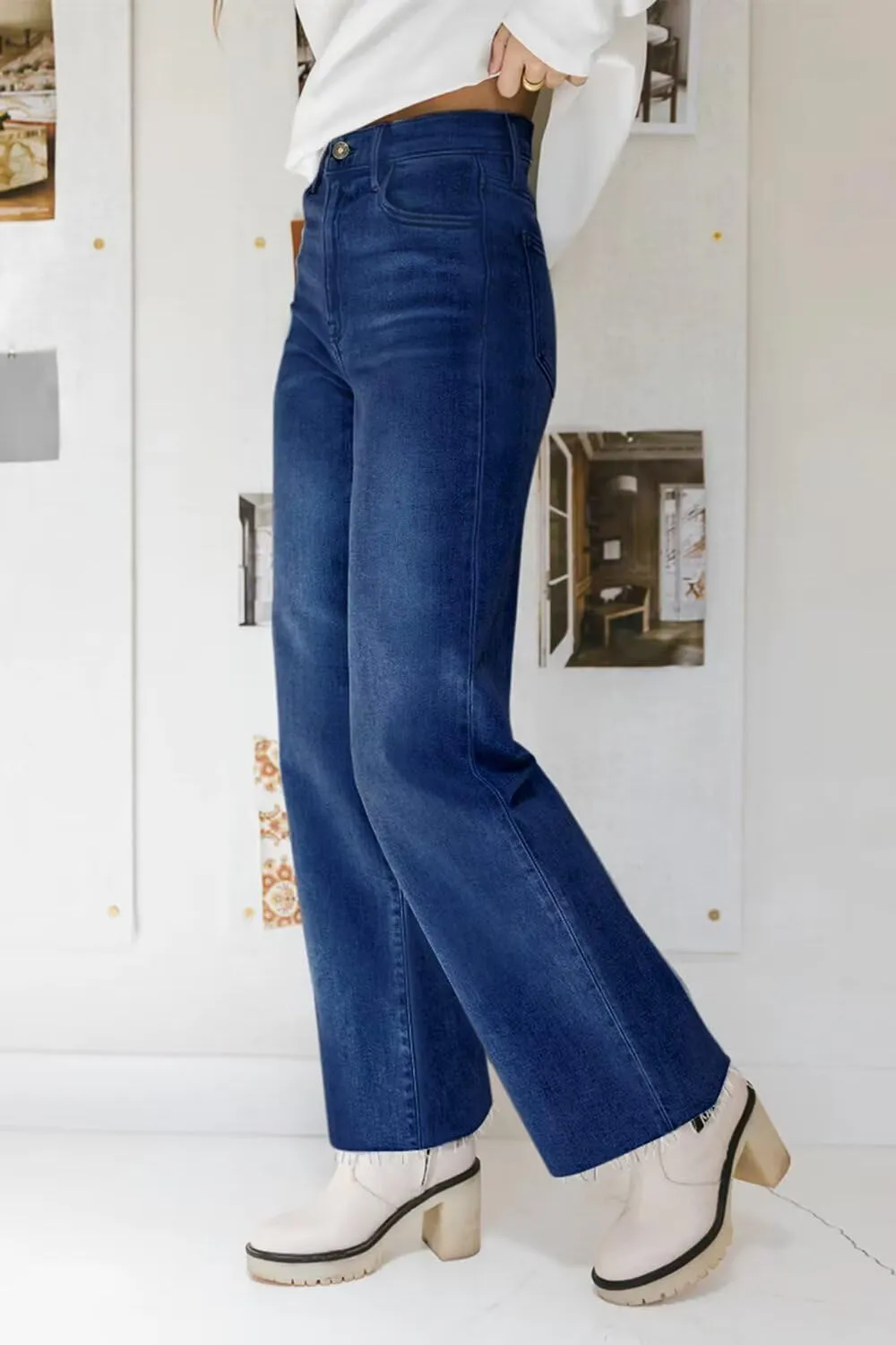 KDF Straight Leg Jeans for Women High Waisted Jeans Frayed Baggy Pants Raw Hem Loose Stretchy Cropped Wide Leg Jeans