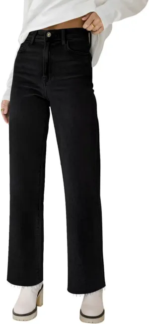 KDF Straight Leg Jeans for Women High Waisted Jeans Frayed Baggy Pants Raw Hem Loose Stretchy Cropped Wide Leg Jeans